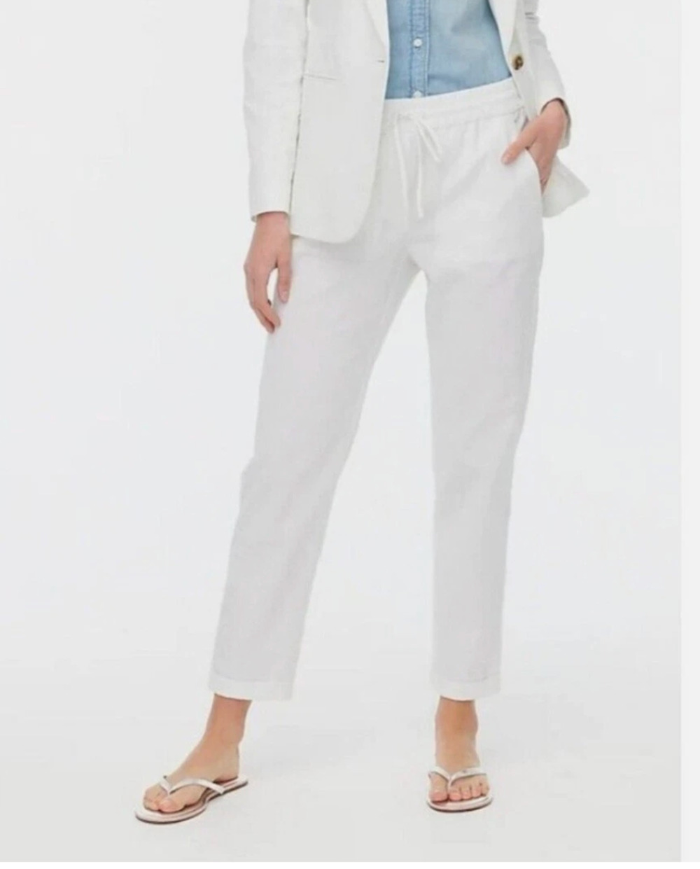 J Crew Linen Blend Drawstring Ankle Pants White NWT Preppy Academia Size 10